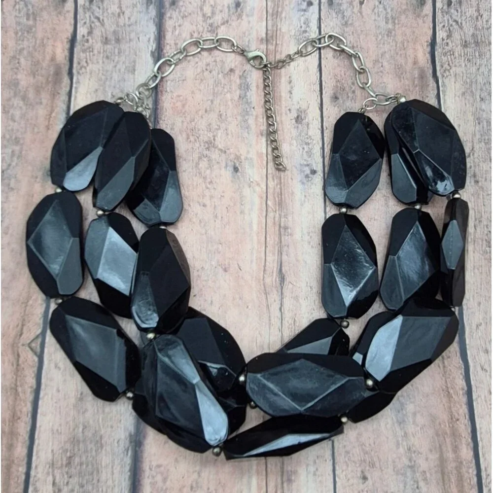 Black Chunky Multi Strand Large Bead Collar Necklace Statement Piece 22